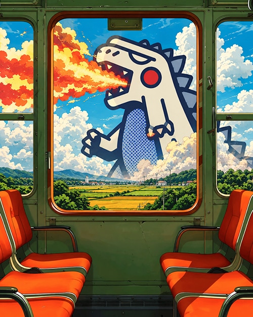 Creative agency Asia illustration of a fire-breathing monster through a train window