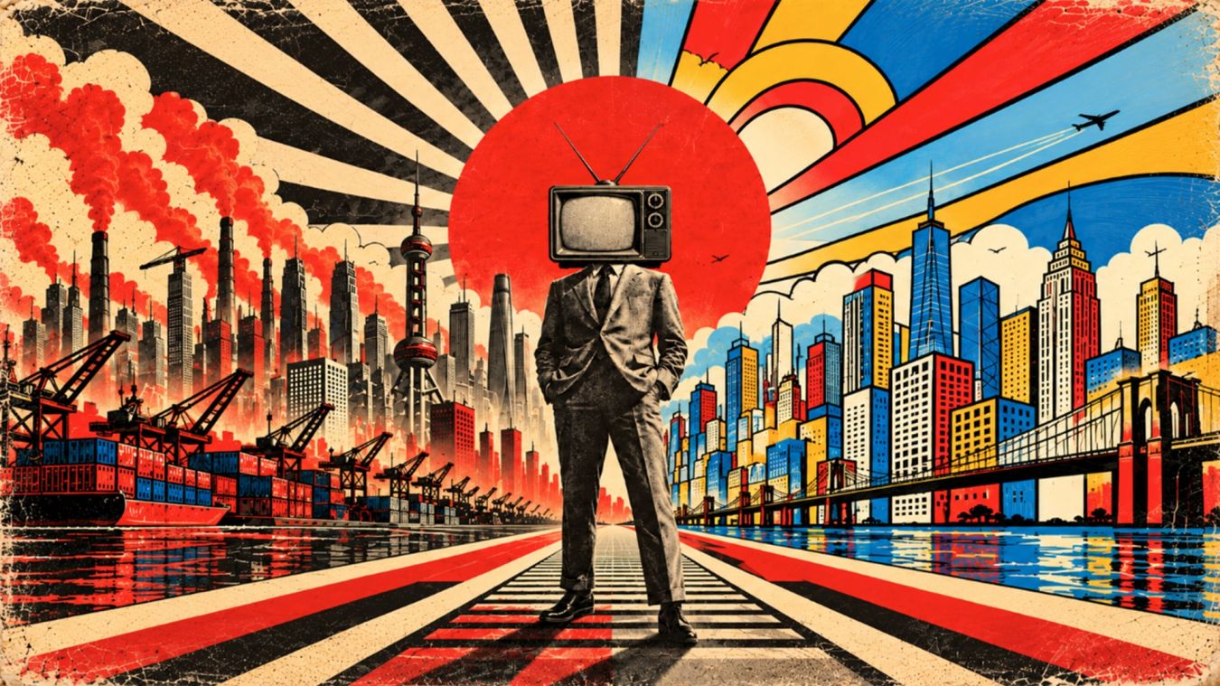 Design agency Asia concept: TV-headed figure between contrasting city skylines